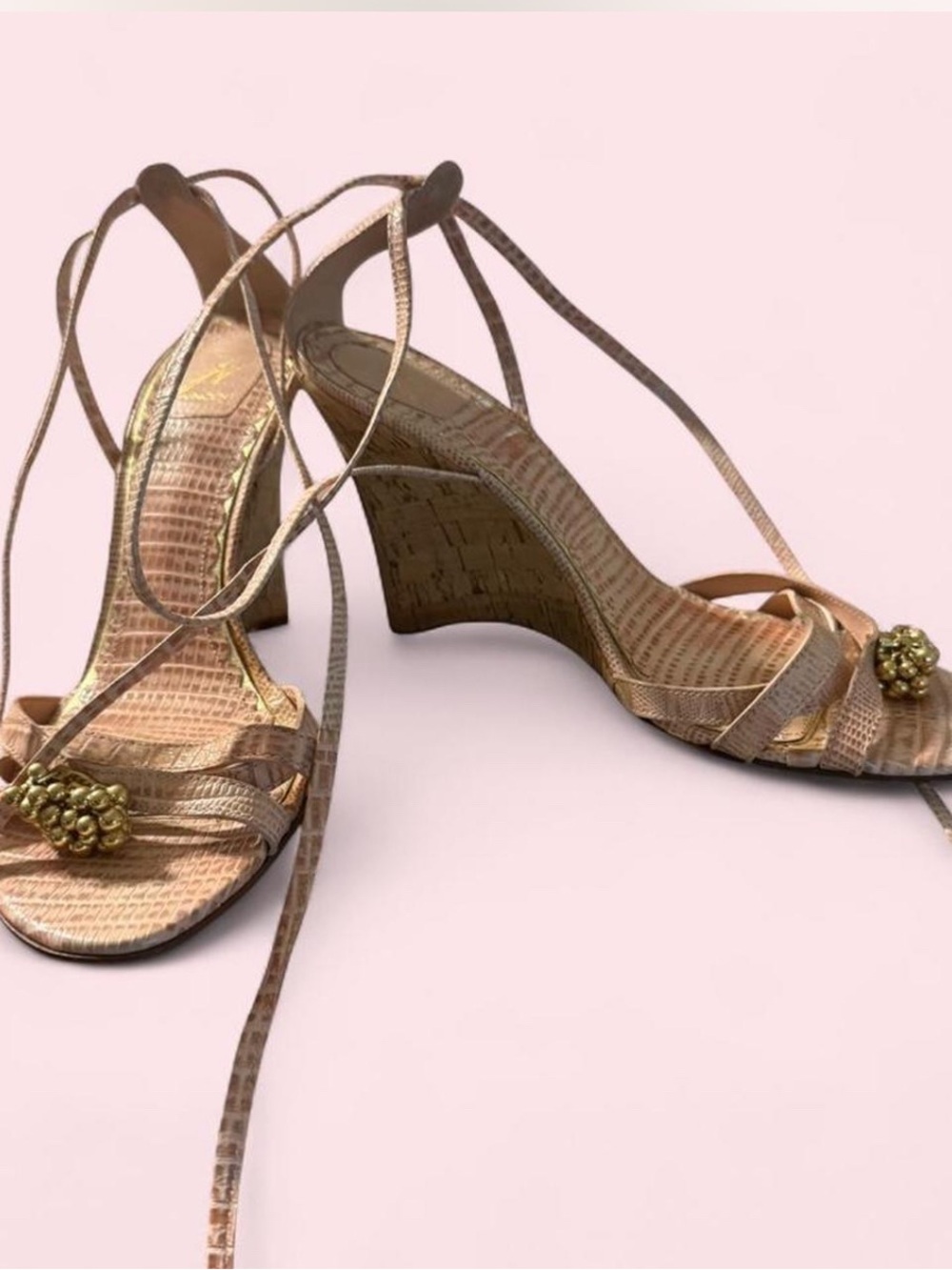 Lace-Up Lizard-Embossed Heels with Gold Toe Accent - Nude